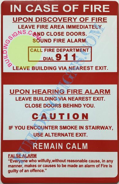 IN CASE OF FIRE DIAL FIRE DEPARTMENT SIGN (ALUMINUM SIGNS 8.5x5.5)