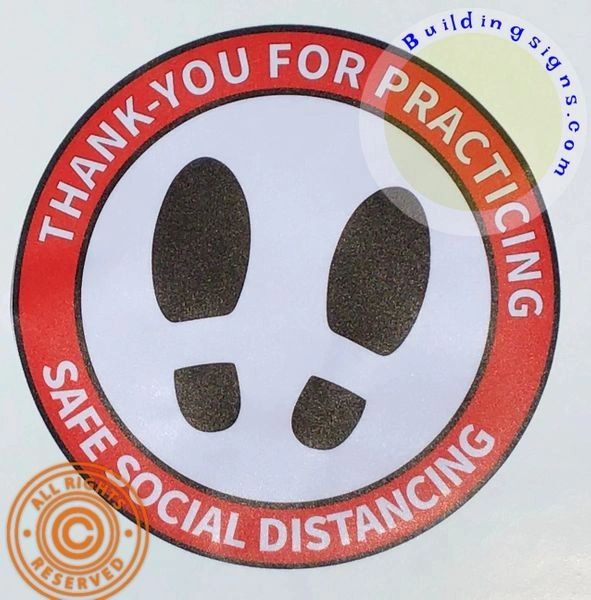 One (1) - Building Floor sign -Thank You for Practicing Safe Social DISTANCING Floor Sticker (12 inch Diameter, Anti-Skid, Vinyl RED/White)
