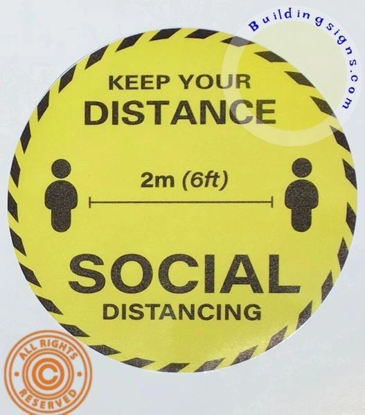 One (1) -Building Floor lobby floor sign -Keep Your Distance 6 FEET Social Distance Sticker (12 inch Diameter, Anti-Skid Vinyl Yellow)