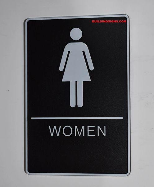 WOMEN Restroom Sign- BLACK- BRAILLE (PLASTIC ADA SIGNS 9X6)- The Standard ADA line