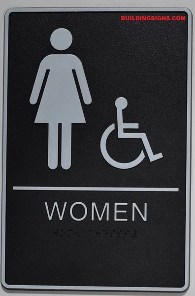 WOMEN ACCESSIBLE Restroom Sign- BLACK- BRAILLE (PLASTIC ADA SIGNS 9X6)- The Standard ADA line