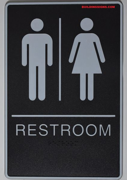 Restrooms Sign- BLACK- BRAILLE (PLASTIC ADA SIGNS 9X6)- The Standard ADA line
