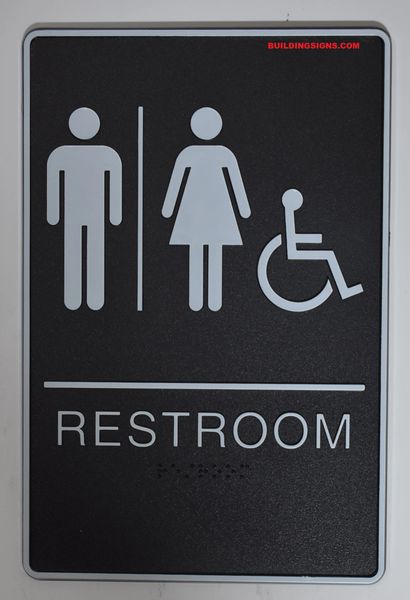 ACCESSIBLE Restrooms Sign- BLACK- BRAILLE (PLASTIC ADA SIGNS 9X6)- The Standard ADA line