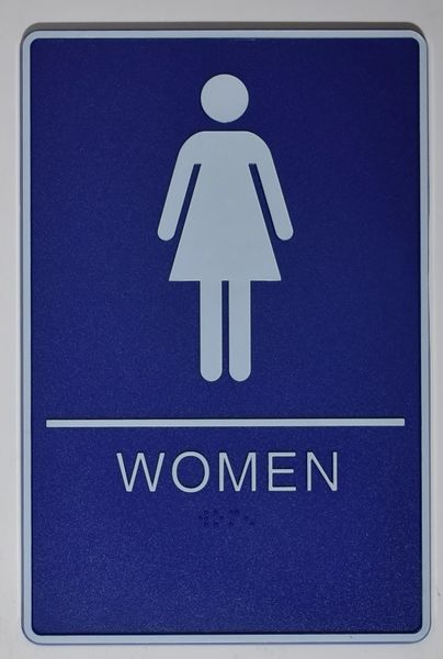 WOMEN Restroom Sign- BLUE- BRAILLE (PLASTIC ADA SIGNS 9X6)- The deep Blue ADA line