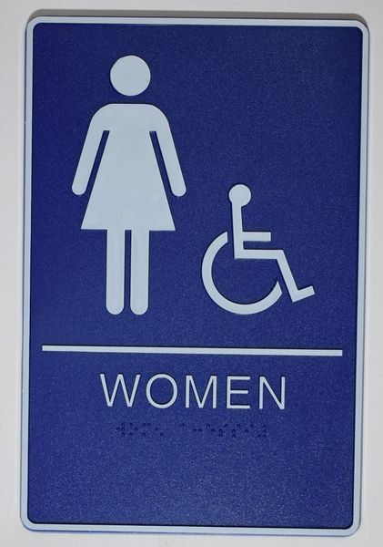 WOMEN ACCESSIBLE Restroom Sign- BLUE- BRAILLE (PLASTIC ADA SIGNS 9X6)- The deep Blue ADA line