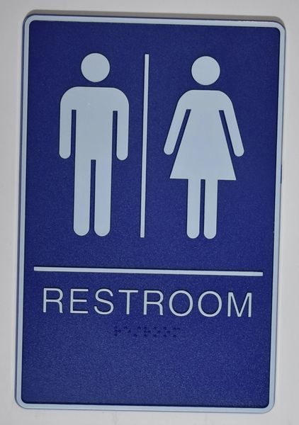 Restrooms Sign- BLUE- BRAILLE (PLASTIC ADA SIGNS 9X6)- The deep Blue ADA line