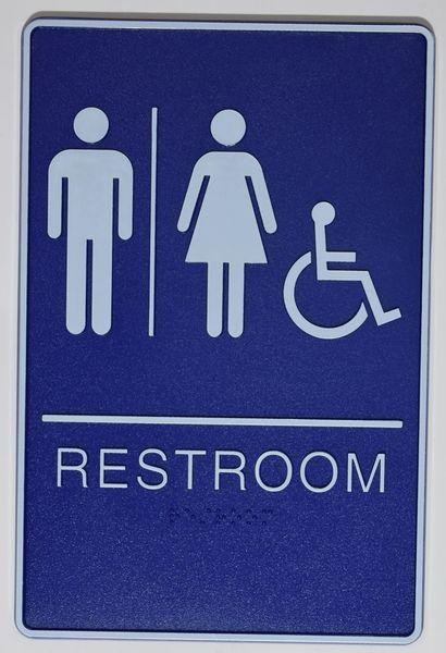 ACCESSIBLE Restrooms Sign- BLUE- BRAILLE (PLASTIC ADA SIGNS 9X6)- The deep Blue ADA line
