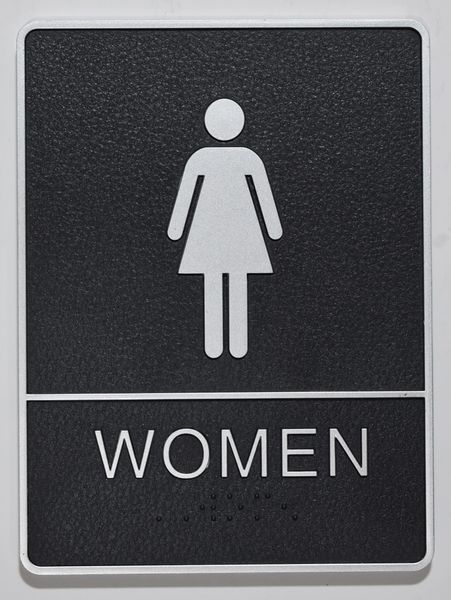 WOMEN Restroom Sign- BLACK- BRAILLE (PLASTIC ADA SIGNS 9X6)- The Leather Sheffield ADA line