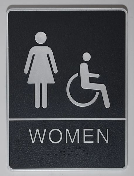 WOMEN ACCESSIBLE Restroom Sign- BLACK- BRAILLE (PLASTIC ADA SIGNS 9X6)- The Leather Sheffield ADA line
