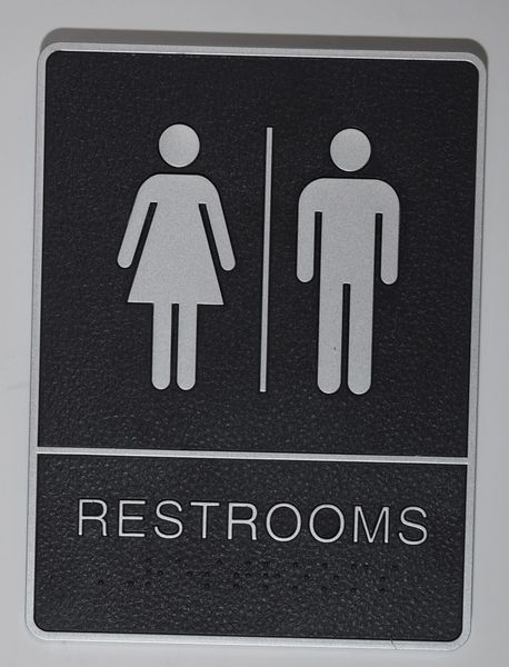 Restrooms Sign- BLACK- BRAILLE (PLASTIC ADA SIGNS 9X6)- The Leather Sheffield ADA line