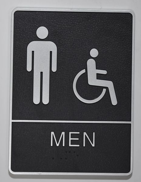 MEN ACCESSIBLE Restroom Sign- BLACK- BRAILLE (PLASTIC ADA SIGNS 9X6)- The Leather Sheffield ADA line