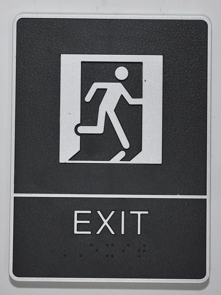 EXIT Sign- BLACK- BRAILLE (PLASTIC ADA SIGNS 9X6)- The Leather Sheffield ADA line