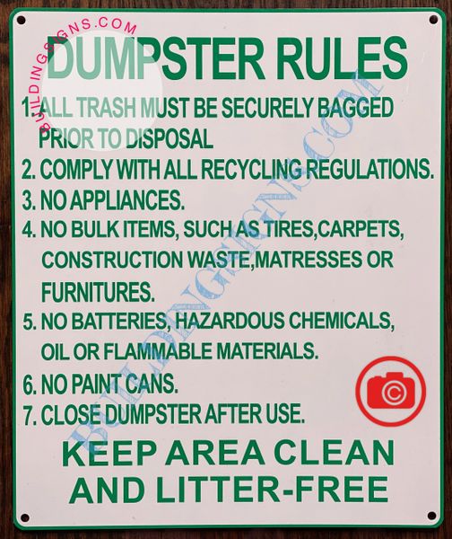 DUMPSTER RULES SIGN (ALUMINUM SIGNS 12X10)