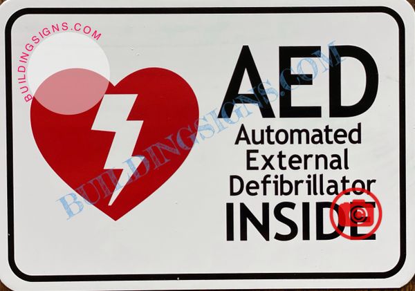 AED AUTOMATED EXTERNAL DEFIBRILLATOR INSIDE SIGN- WHITE (ALUMINUM SIGNS 3.5x5)