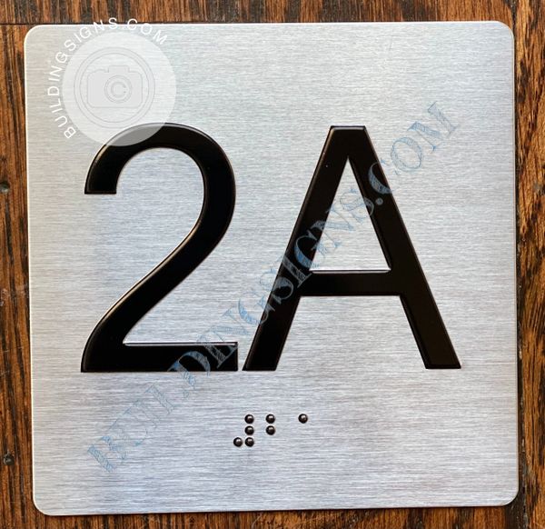 z APARTMENT NUMBER SIGN 2A - BRUSHED ALUMINUM (ALUMINUM SIGNS 4X4)- THE SENSATION LINE- Tactile Touch Braille Sign
