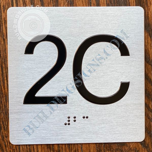 z- APARTMENT NUMBER SIGN – 2C -BRUSHED ALUMINUM (ALUMINUM SIGNS 4X4)- THE SENSATION LINE- Tactile Touch Braille Sign