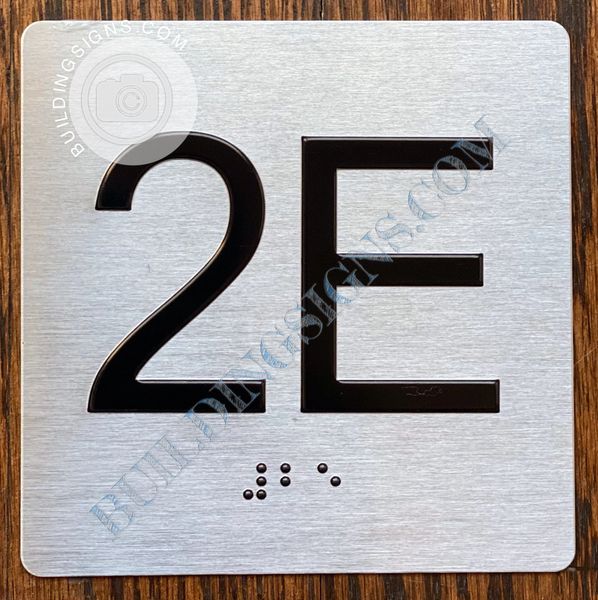 z- APARTMENT NUMBER SIGN – 2E -BRUSHED ALUMINUM (ALUMINUM SIGNS 4X4)- THE SENSATION LINE- Tactile Touch Braille Sign