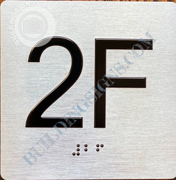 z- APARTMENT NUMBER SIGN – 2F -BRUSHED ALUMINUM (ALUMINUM SIGNS 4X4)- THE SENSATION LINE- Tactile Touch Braille Sign