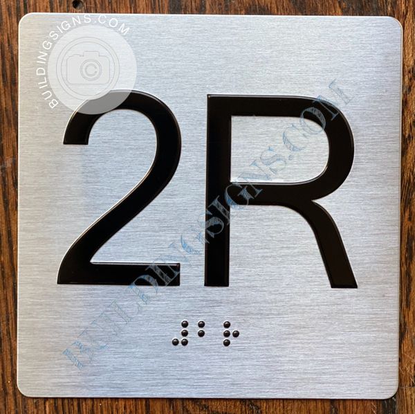 z- APARTMENT NUMBER SIGN – 2R -BRUSHED ALUMINUM (ALUMINUM SIGNS 4X4)- THE SENSATION LINE- Tactile Touch Braille Sign