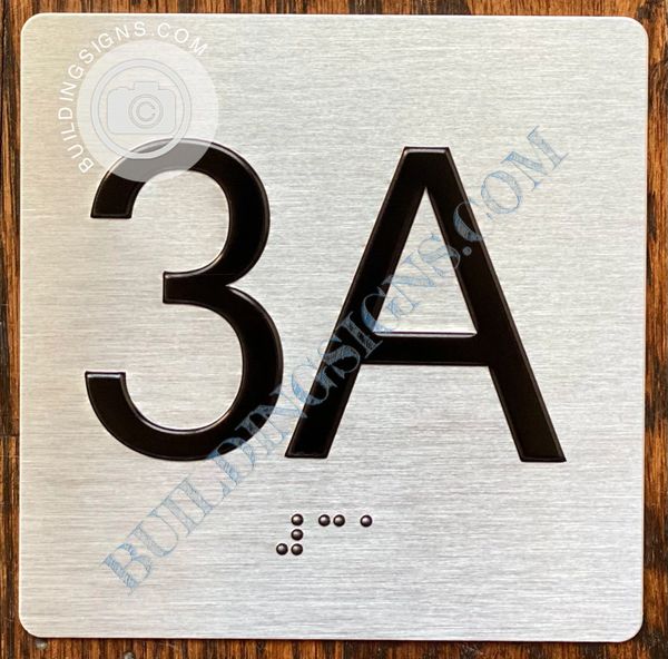 z- APARTMENT NUMBER SIGN - 3A -BRUSHED ALUMINUM (ALUMINUM SIGNS 4X4)- THE SENSATION LINE- Tactile Touch Braille Sign