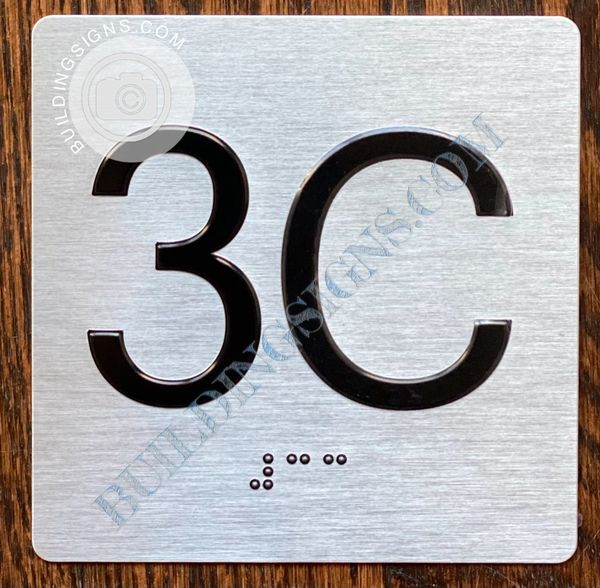 z- APARTMENT NUMBER SIGN – 3C -BRUSHED ALUMINUM (ALUMINUM SIGNS 4X4)- THE SENSATION LINE- Tactile Touch Braille Sign
