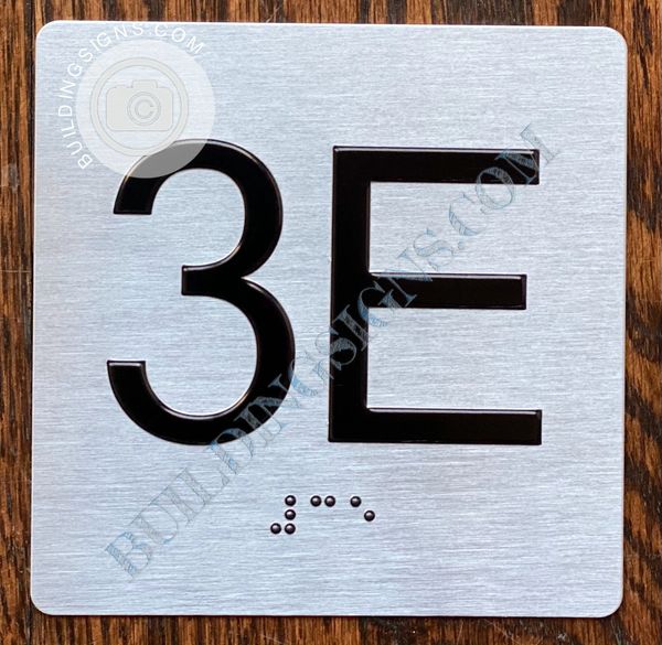 z- APARTMENT NUMBER SIGN – 3E -BRUSHED ALUMINUM (ALUMINUM SIGNS 4X4)- THE SENSATION LINE- Tactile Touch Braille Sign