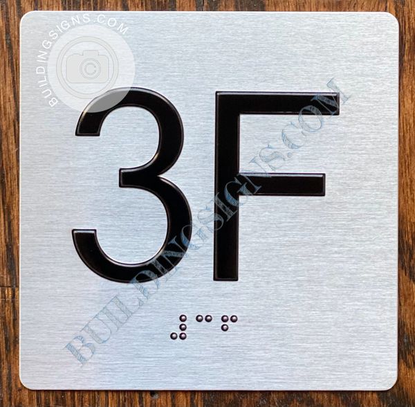 z- APARTMENT NUMBER SIGN – 3F -BRUSHED ALUMINUM (ALUMINUM SIGNS 4X4)- THE SENSATION LINE- Tactile Touch Braille Sign