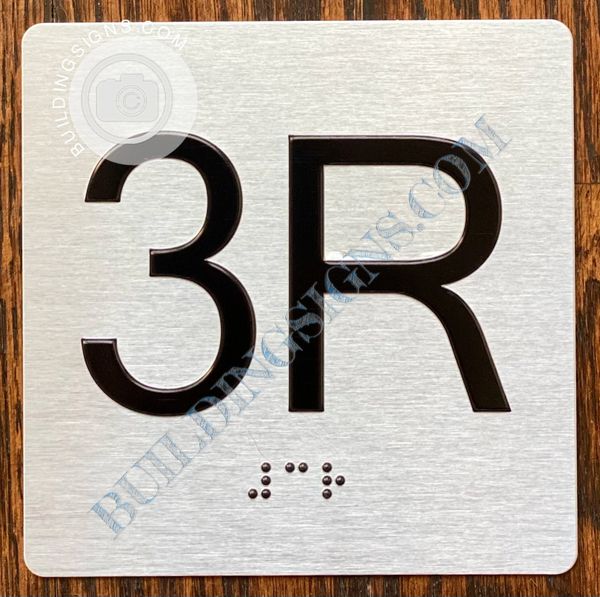 z- APARTMENT NUMBER SIGN – 3R -BRUSHED ALUMINUM (ALUMINUM SIGNS 4X4)- THE SENSATION LINE- Tactile Touch Braille Sign
