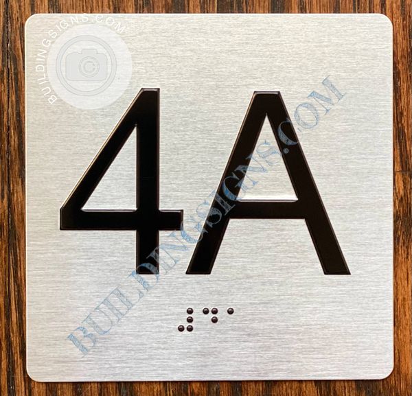 z-APARTMENT NUMBER SIGN - 4A -BRUSHED ALUMINUM (ALUMINUM SIGNS 4X4)- THE SENSATION LINE- Tactile Touch Braille Sign