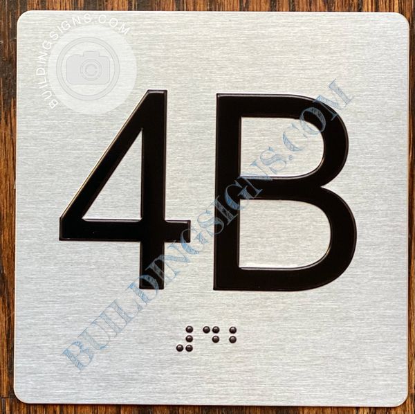z- APARTMENT NUMBER SIGN – 4B- BRUSHED ALUMINUM (ALUMINUM SIGNS 4X4)- THE SENSATION LINE- Tactile Touch Braille Sign