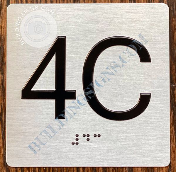 z- APARTMENT NUMBER SIGN – 4C -BRUSHED ALUMINUM (ALUMINUM SIGNS 4X4)- THE SENSATION LINE- Tactile Touch Braille Sign