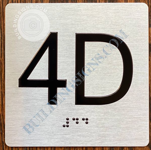 z- APARTMENT NUMBER SIGN – 4D -BRUSHED ALUMINUM (ALUMINUM SIGNS 4X4)- THE SENSATION LINE- Tactile Touch Braille Sign