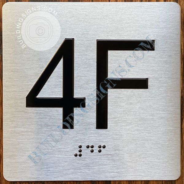z- APARTMENT NUMBER SIGN – 4F -BRUSHED ALUMINUM (ALUMINUM SIGNS 4X4)- THE SENSATION LINE- Tactile Touch Braille Sign
