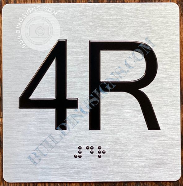 z- APARTMENT NUMBER SIGN – 4R -BRUSHED ALUMINUM (ALUMINUM SIGNS 4X4)- THE SENSATION LINE- Tactile Touch Braille Sign