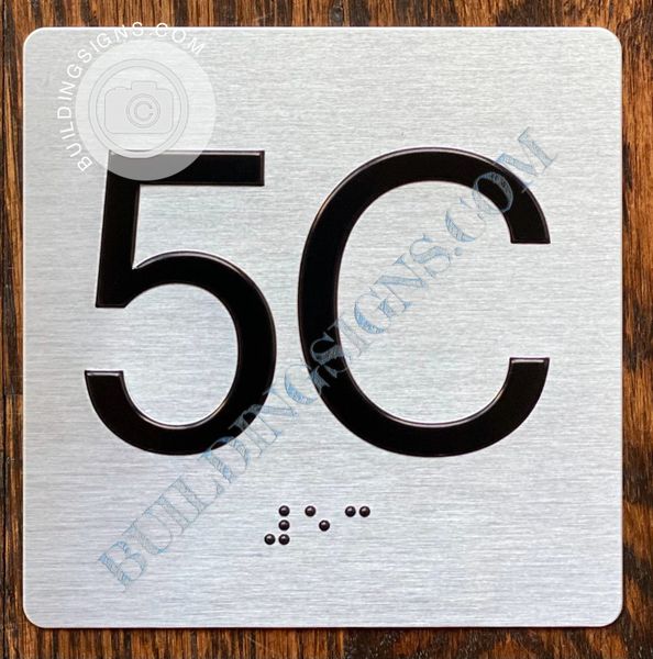 z- APARTMENT NUMBER SIGN – 5C -BRUSHED ALUMINUM (ALUMINUM SIGNS 4X4)- THE SENSATION LINE- Tactile Touch Braille Sign