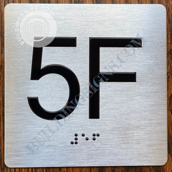 z - APARTMENT NUMBER SIGN – 5F -BRUSHED ALUMINUM (ALUMINUM SIGNS 4X4)- THE SENSATION LINE- Tactile Touch Braille Sign