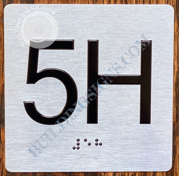 z- APARTMENT NUMBER SIGN – 5H -BRUSHED ALUMINUM(ALUMINUM SIGNS 4X4)- THE SENSATION LINE- Tactile Touch Braille Sign