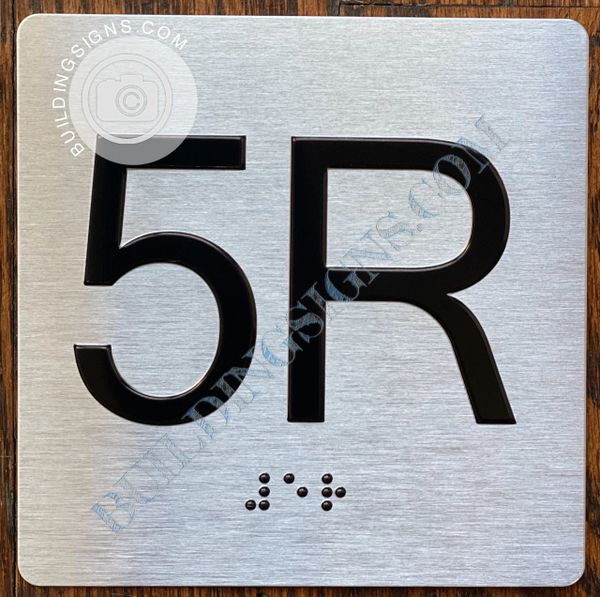 z- APARTMENT NUMBER SIGN – 5R -BRUSHED ALUMINUM (ALUMINUM SIGNS 4X4)- THE SENSATION LINE- Tactile Touch Braille Sign