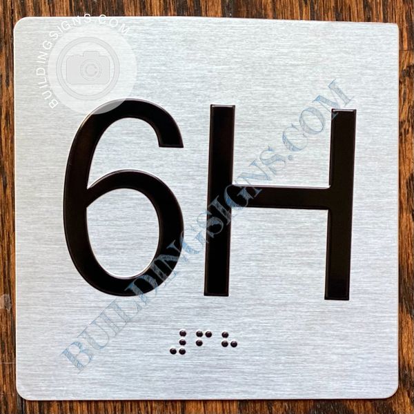 z- APARTMENT NUMBER SIGN – 6H -BRUSHED ALUMINUM (ALUMINUM SIGNS 4X4) (ALUMINUM SIGNS 4X4)- THE SENSATION LINE- Tactile Touch Braille Sign