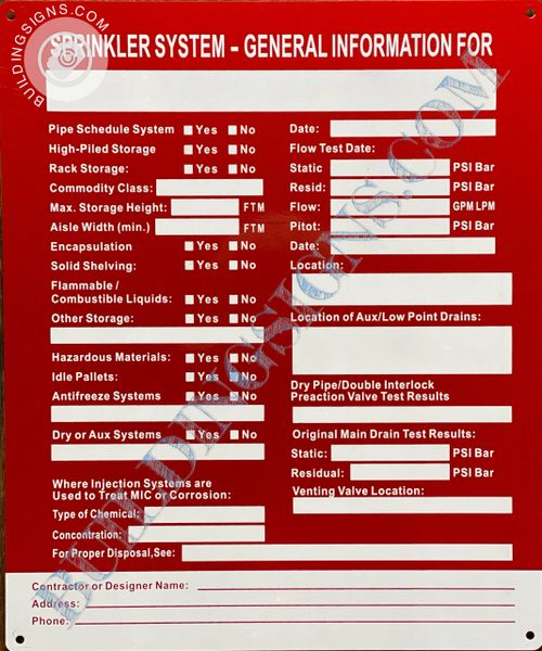 SPRINKLER SYSTEM GENERAL INFORMATION SIGN