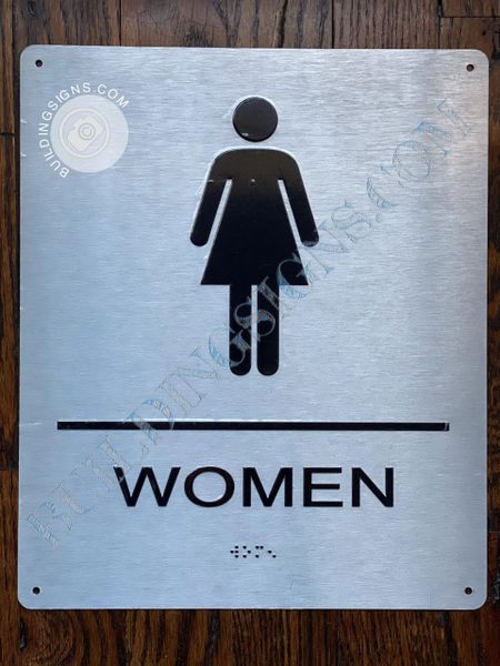 WOMEN RESTROOM SIGN-BRAILLE- BRUSHED ALUMINUM BACKGROUND (ALUMINUM SIGNS 6x9)