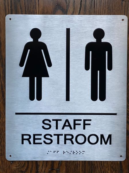 STAFF UNISEX RESTROOM SIGN- BRAILLE- BRUSHED ALUMINUM BACKGROUND (ALUMINUM SIGNS 6x9)