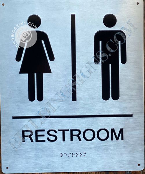 UNISEX RESTROOM SIGN- BRAILLE- BRUSHED ALUMINUM BACKGROUND (ALUMINUM SIGNS 10X8)