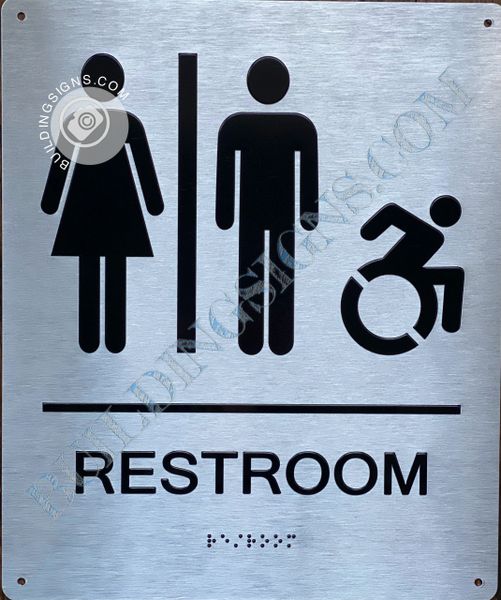 ACCESSIBLE UNISEX RESTROOM SIGN- BRAILLE- BRUSHED ALUMINUM BACKGROUND (ALUMINUM SIGNS 10X8)