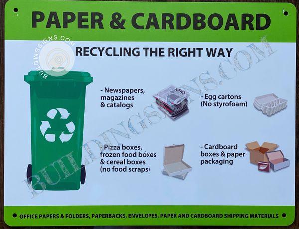 PAPER AND CARDBOARD (RECYCLING THE RIGHT WAY) SIGN- WHITE BACKGROUND (ALUMINUM SIGNS 5.5x11)