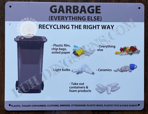 GARBAGE (EVERYTHING ELSE) (RECYCLING THE RIGHT WAY) SIGN- WHITE BACKGROUND (ALUMINUM SIGNS 5.5X11)