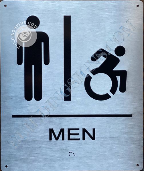 MEN RESTROOM SIGN- BRAILLE- BRUSHED ALUMINUM BACKGROUND (ALUMINUM SIGNS 9X6)