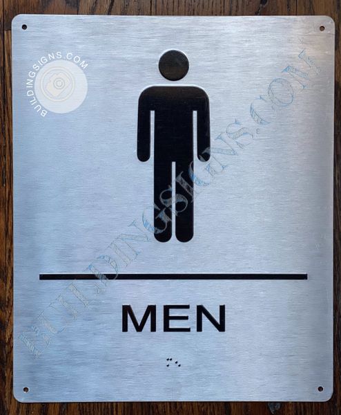 MEN RESTROOM SIGN- BRAILLE- BRUSHED ALUMINUM BACKGROUND (ALUMINUM SIGNS 9X6)