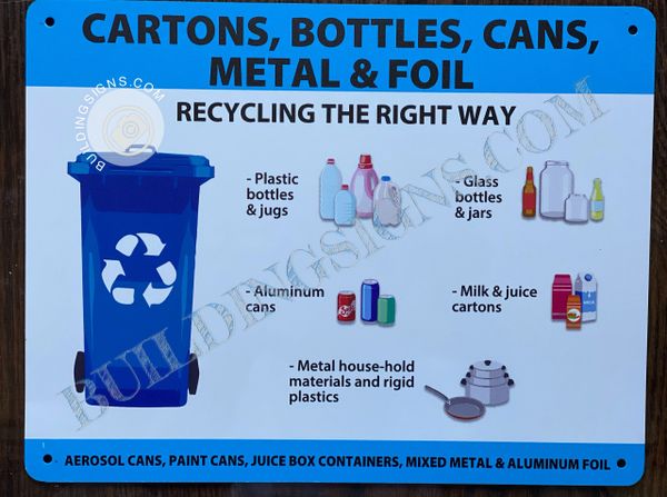 CARTONS, BOTTLES, CANS, METAL AND FOIL (RECYCLING THE RIGHT) WAY SIGN- WHITE BACKGROUND (ALUMINUM SIGNS 8.5X11)