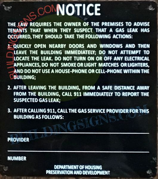 GAS LEAK NOTICE (ALUMINIUM 8.5 X 9.5)-black rock line